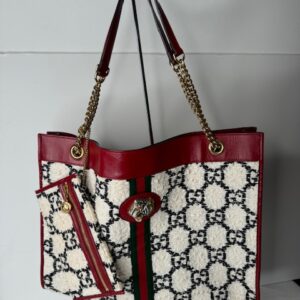 Gucci White Tweed Red Leather Large Rajah Tote With Pouch